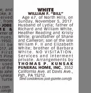 Obituary for WILLIAM F. WHITE